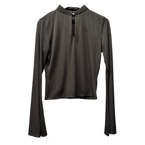 Disturbia Blouse Black Flare Sleeve Keyhole Front Ribbed Crop Goth Womens 10